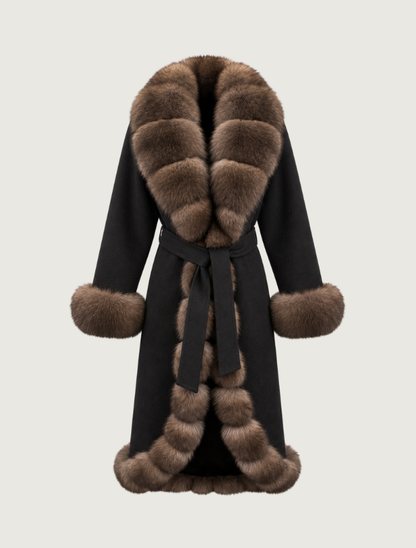 Pinto Ranch Black Alpaca Cashmere Coat with Fox Fur Trim
