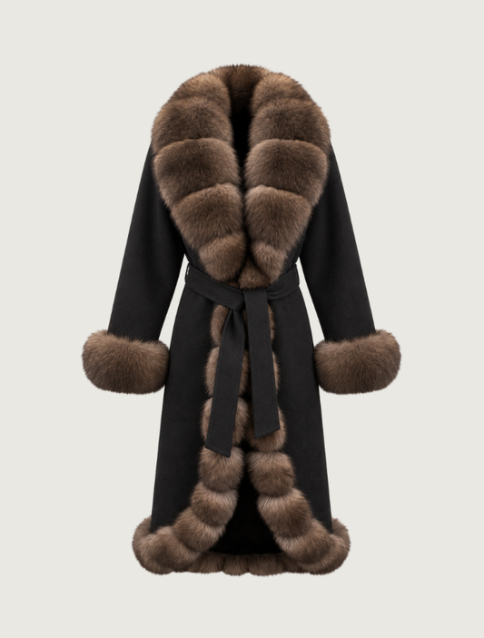 Pinto Ranch Black Alpaca Cashmere Coat with Fox Fur Trim