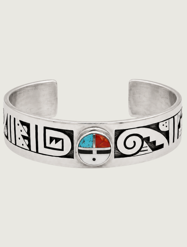 Sterling Silver Sun Face Kachina Cuff Bracelet with Multi-Stone Inlay