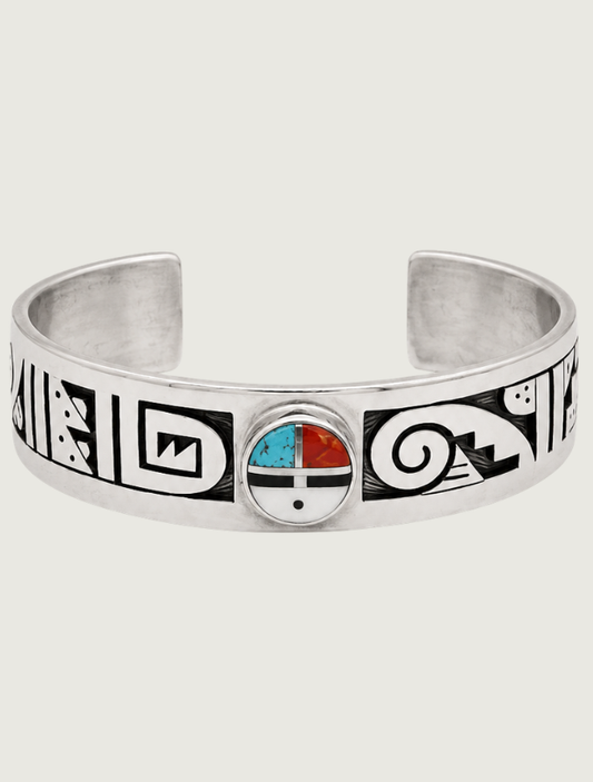 Sterling Silver Sun Face Kachina Cuff Bracelet with Multi-Stone Inlay