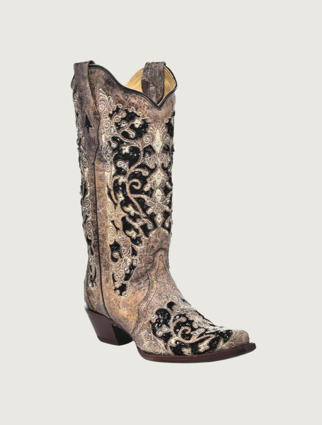 Corral Brown Cowgirl Boots with Black Glitter Inlay & Crystals