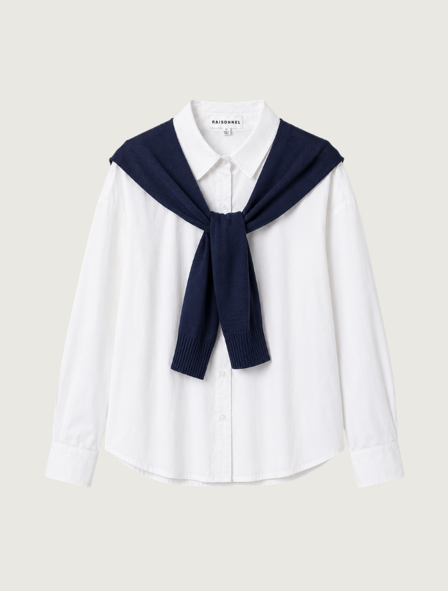 Raisonnel Button-Down Shirt with Navy Knit Shawl Set