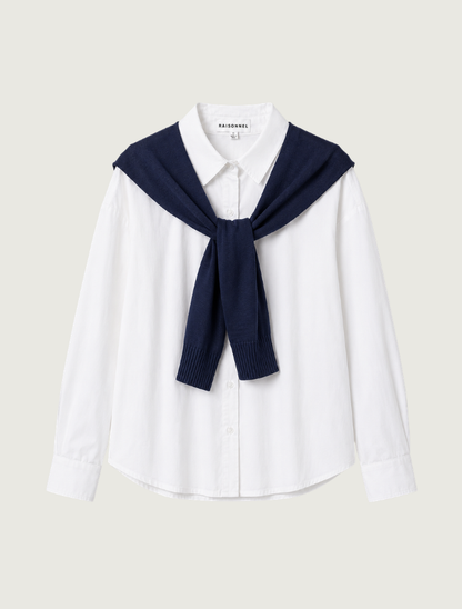 Raisonnel Button-Down Shirt with Navy Knit Shawl Set