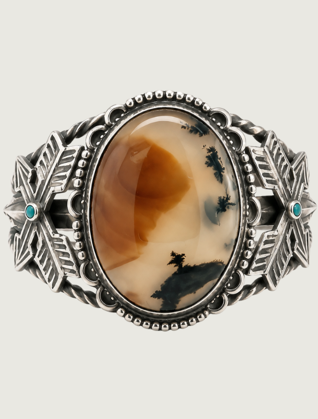 Sterling Silver Montana Moss Agate & Crossed Arrows Cuff
