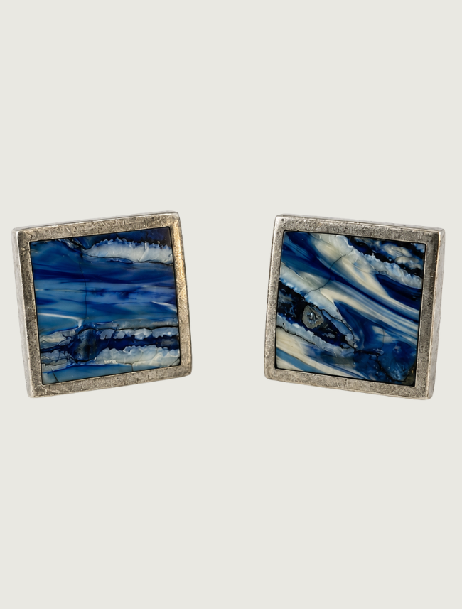 William Henry 'Blue Mammoth Duo' Sterling Silver Cufflinks with Blue Wooly Mammoth Tooth Fossil Inlay