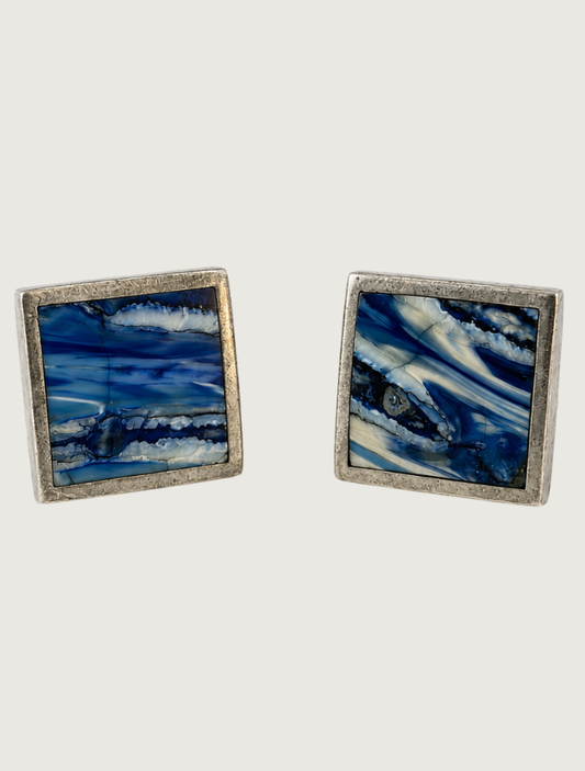 William Henry 'Blue Mammoth Duo' Sterling Silver Cufflinks with Blue Wooly Mammoth Tooth Fossil Inlay