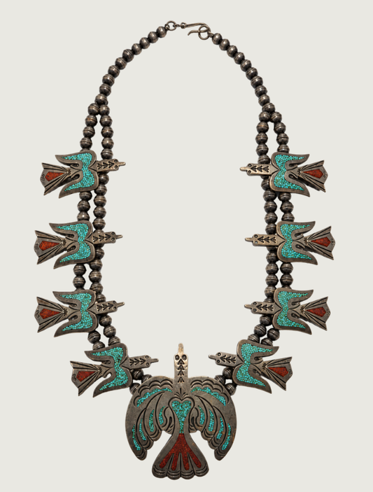 Sterling Silver Turquoise Inlay Old Vintage Bird Necklace