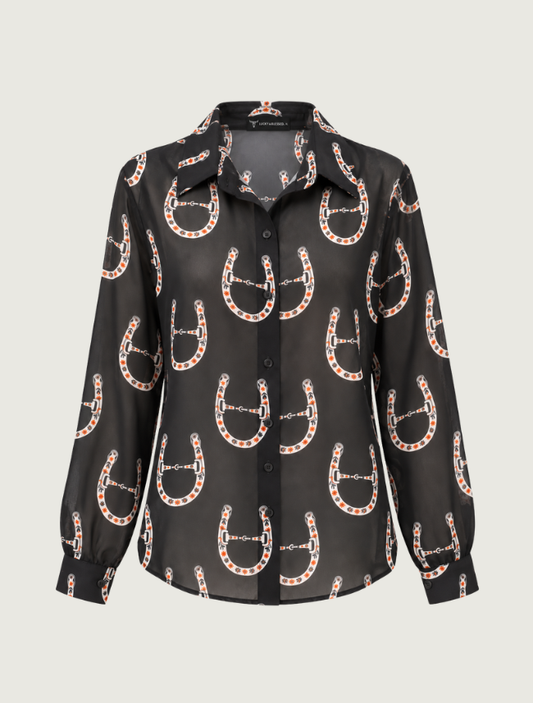 Lucky & Blessed Women's Black Sheer Horseshoe Print Button-Front Shirt