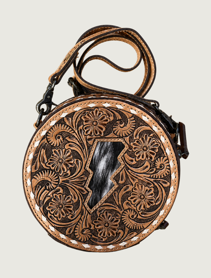 Mavericks Tooled Leather Round Crossbody with Cowhide Lightning Bolt Inlay