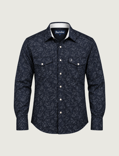Tony Lama Navy Botanical Print Pearl Snap Western Shirt