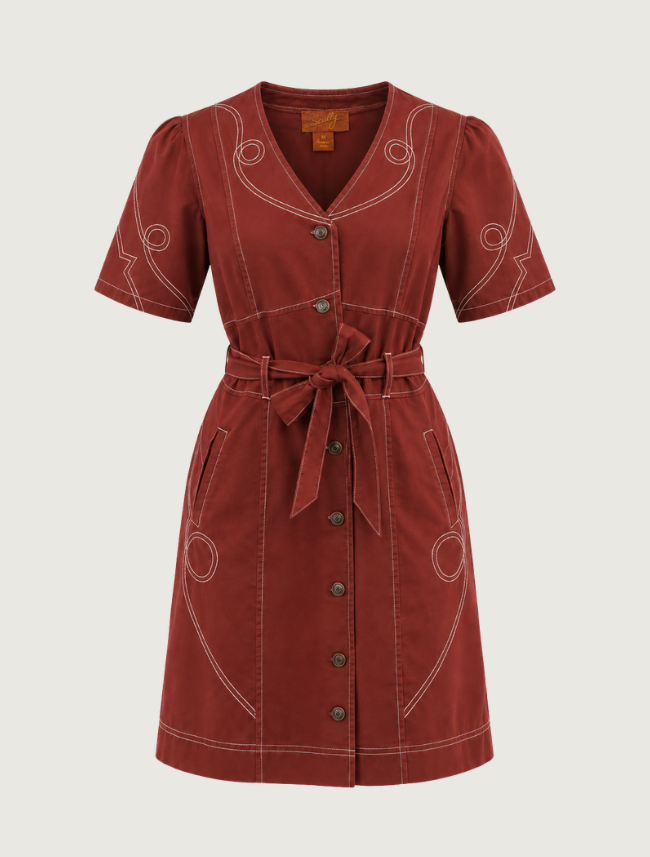Scully Terracotta Contrast Stitch Button Front Dress