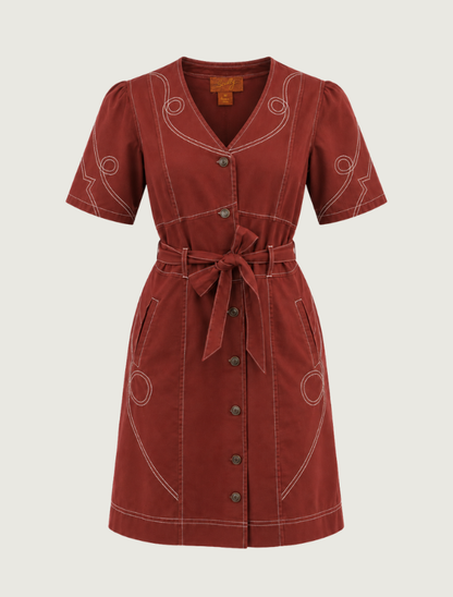 Scully Terracotta Contrast Stitch Button Front Dress