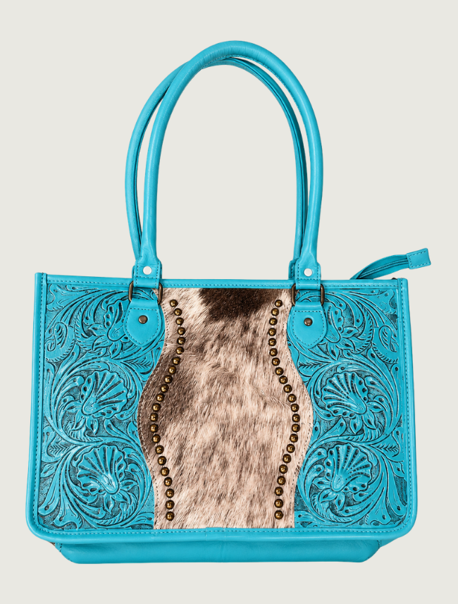 Mavericks Turquoise Tooled Leather Tote with Cowhide & Studded Trim