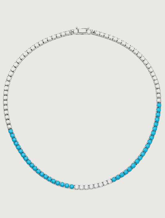 18K White Gold Sleeping Beauty Turquoise & Diamond Tennis Necklace