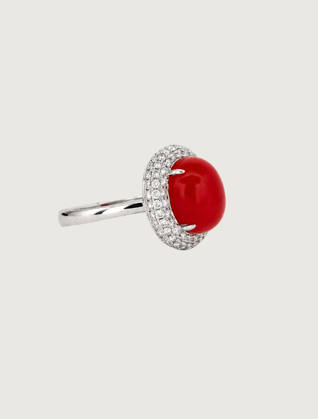 18K White Gold Diamond & Red Coral Ring