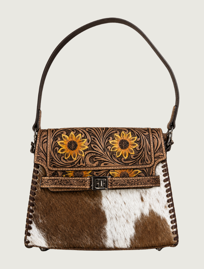 Mavericks Tooled Sunflower Leather & Cowhide Shoulder Bag
