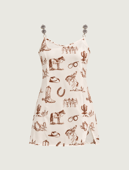 Lucky & Blessed Cream Western Print Concho Strap Mini Dress