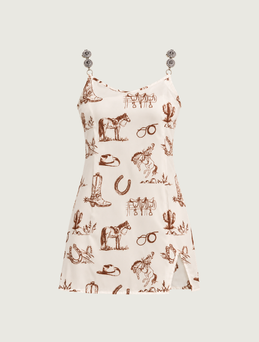 Lucky & Blessed Cream Western Print Concho Strap Mini Dress