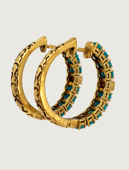 18K Yellow Gold Sleeping Beauty Turquoise & Diamond Hoops