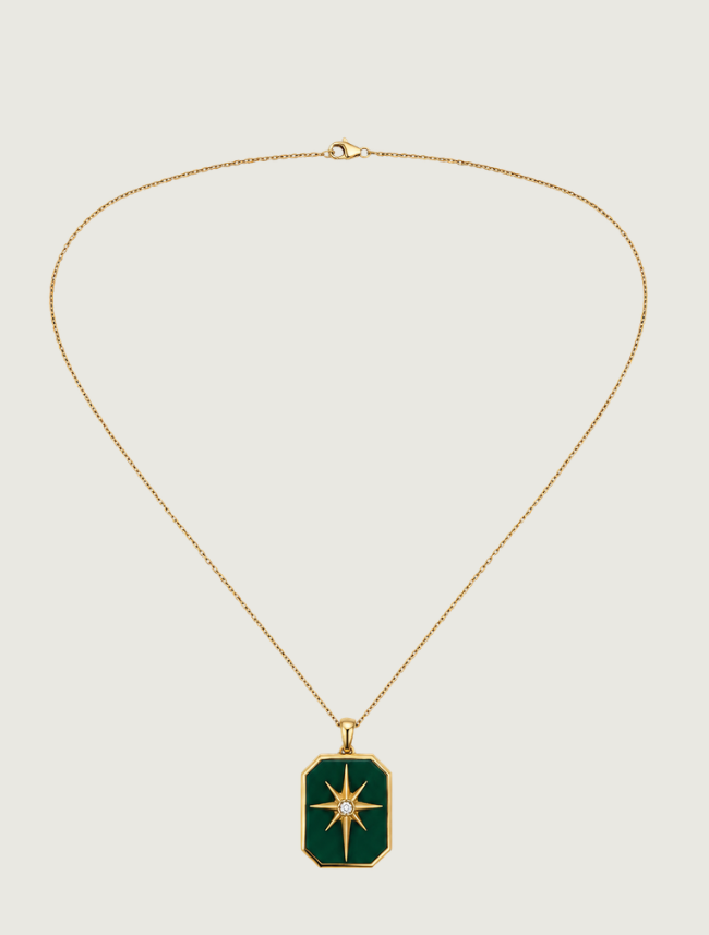 18K Yellow Gold Green Enamel & Diamond Necklace
