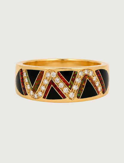 14K Yellow Gold Diamond, Black Jade, & Fire Opal Ring