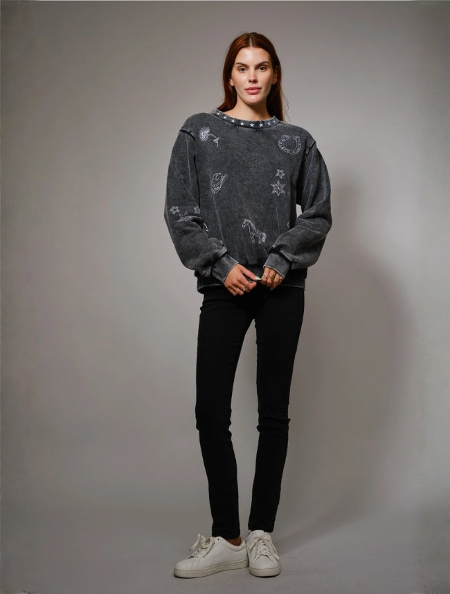 Blue B Mineral Wash Western Embroidered Sweatshirt