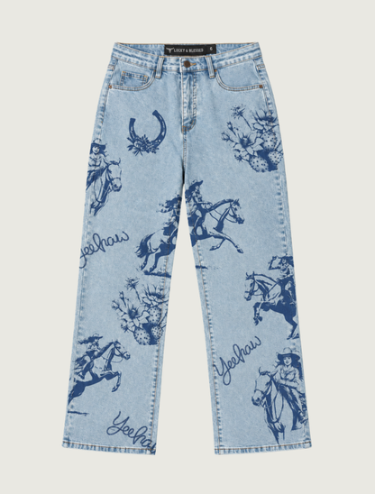 Lucky & Blessed Women's Light Wash Yeehaw Print High Rise Jeans