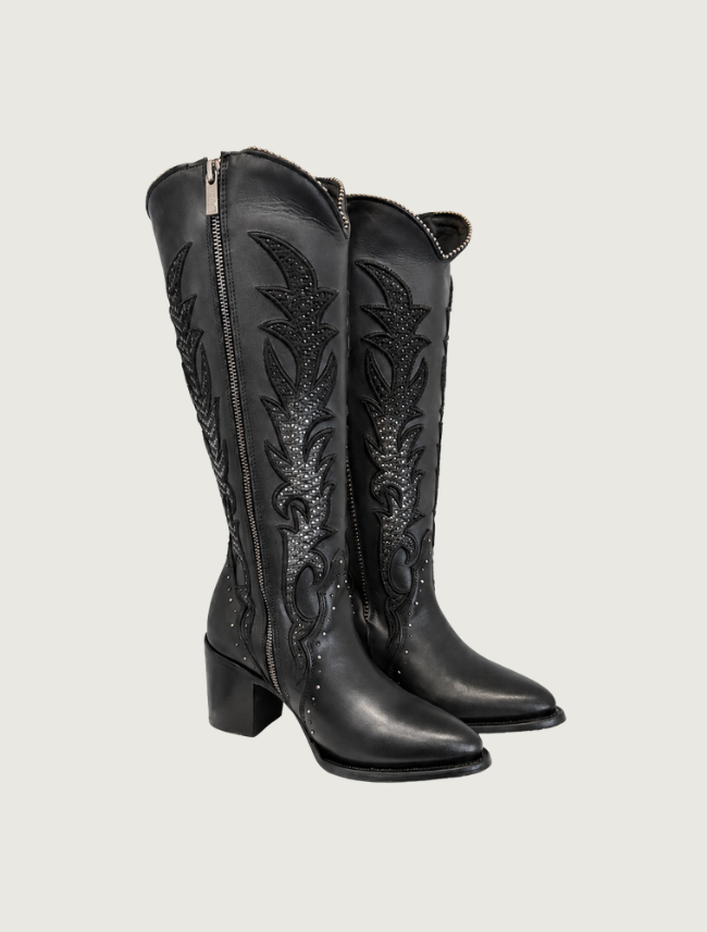 Cuadra Black Embroidery & Studs Zippered Cowgirl Boots