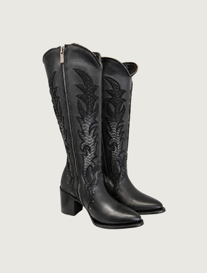 Cuadra Black Embroidery & Studs Zippered Cowgirl Boots
