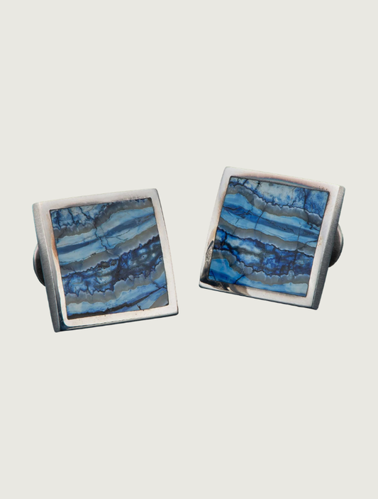 William Henry 'Blue Mammoth Duo' Sterling Silver Cufflinks with Blue Wooly Mammoth Tooth Fossil Inlay
