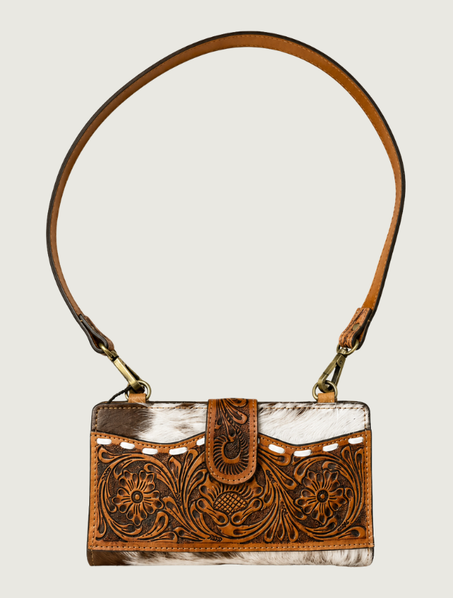 Mavericks Tooled Leather & Cowhide Crossbody Bag with Latch