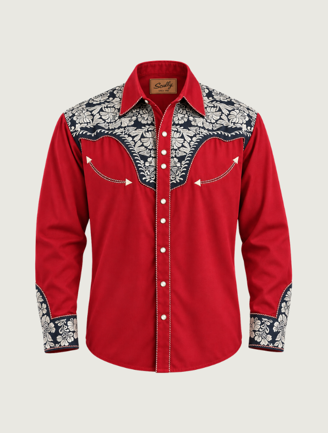 Scully Men's Red, White, & Blue Floral Tooled Embroidered Western Shirt