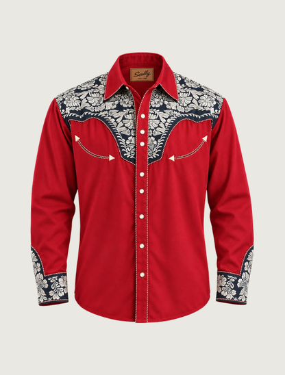 Scully Men's Red, White, & Blue Floral Tooled Embroidered Western Shirt