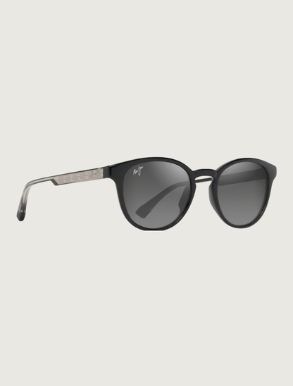 Maui Jim Hiehie round sunglasses in Shiny Black with Trans Light Grey / Neutral Grey — quarter view