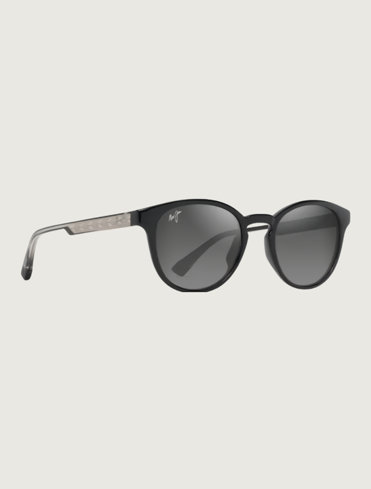 Maui Jim Hiehie round sunglasses in Shiny Black with Trans Light Grey / Neutral Grey — quarter view