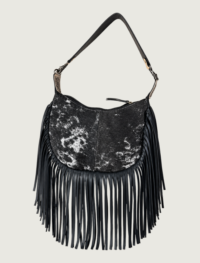 Mavericks Black Fringe Hobo Bag with Cowhide & Tooled Leather Strap