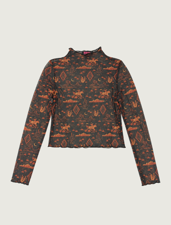 Rock & Roll Denim women's sheer mesh long-sleeve top in a rust-on-black desert print with a mock neck, front view, off model