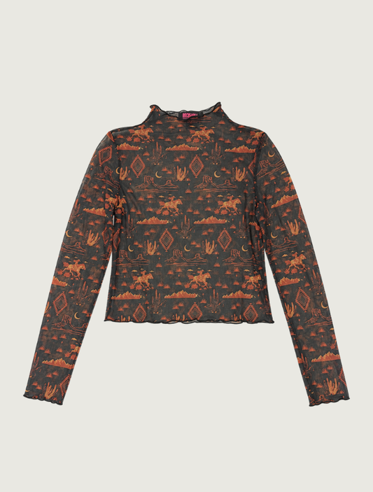 Rock & Roll Denim women's sheer mesh long-sleeve top in a rust-on-black desert print with a mock neck, front view, off model