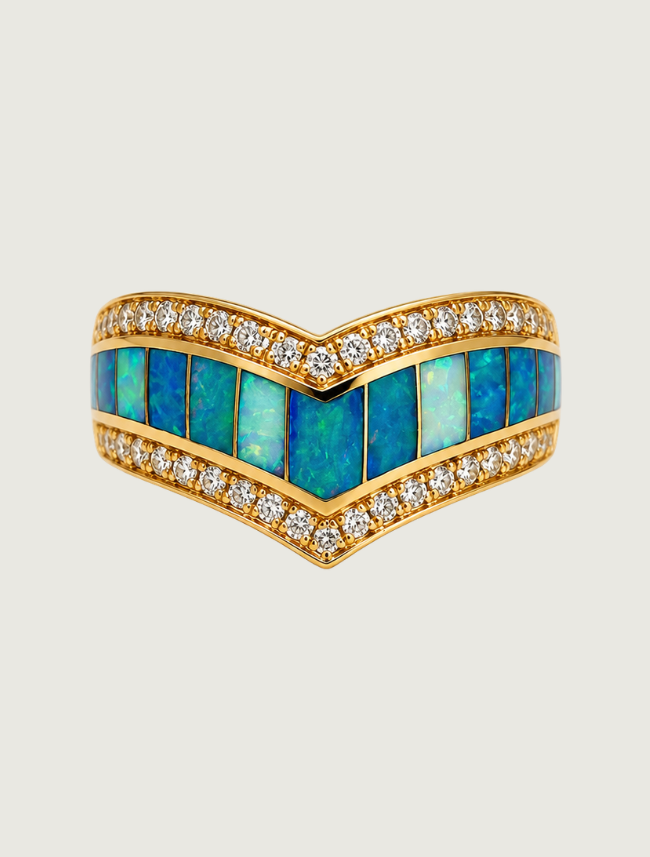 14K Yellow Gold Chevron Opal & Diamond Ring