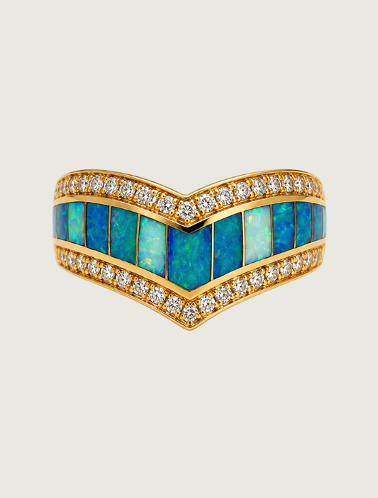 14K Yellow Gold Chevron Opal & Diamond Ring
