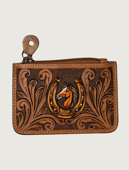 Mavericks Tooled Leather Horseshoe Coin Pouch with Cowhide Back