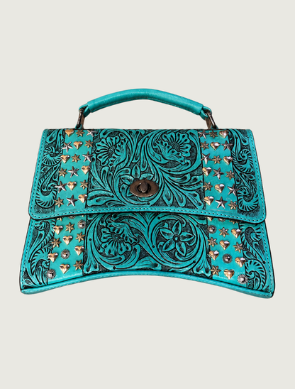 Mavericks Turquoise Tooled Leather Satchel with Star & Heart Studs