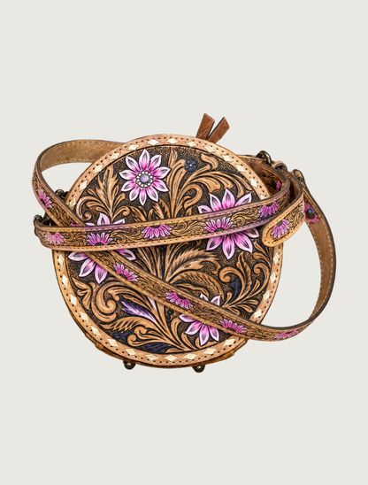 Mavericks Hand-Painted Floral Tooled Leather Round Crossbody