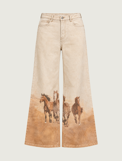 Mavericks Horse Print Wide Leg Jeans in Tan Multi