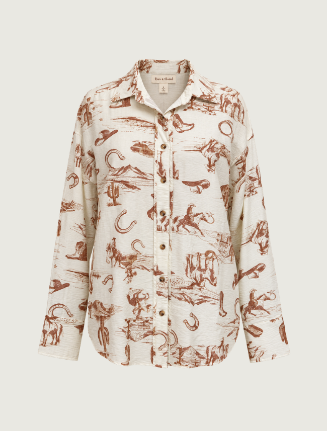 Hem & Thread Cream Cowboy Print Button-Up Shirt