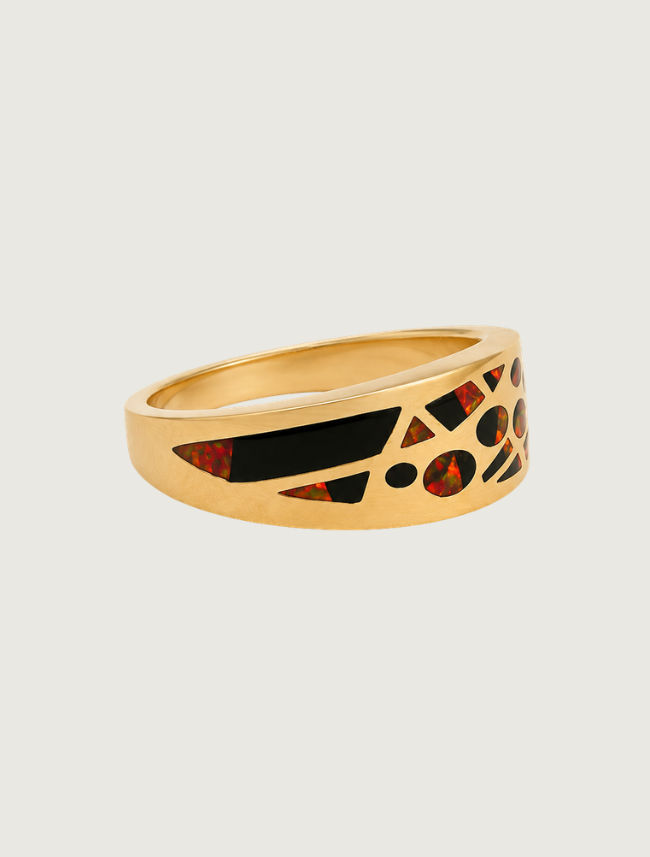 14K Yellow Gold Black Jade & Fire Opal Ring