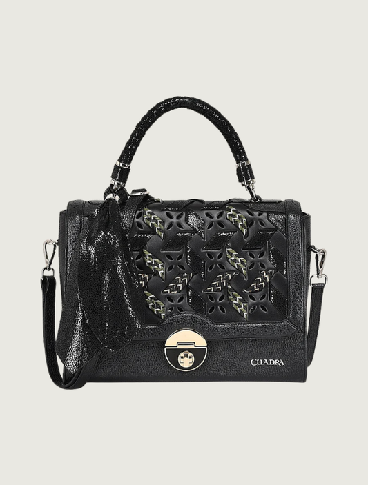 Cuadra Black Woven Leather Top Handle Handbag