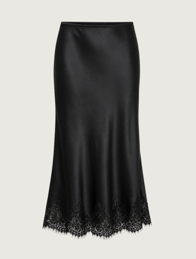 Raisonnel Satin Lace Trim Midi Skirt