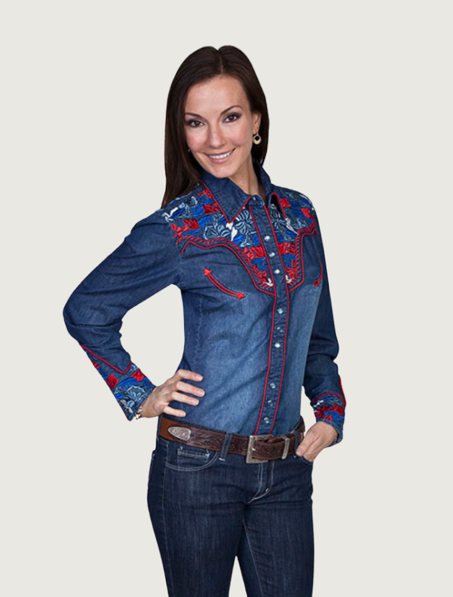 Scully denim floral embroidered snap front shirt on model — front view