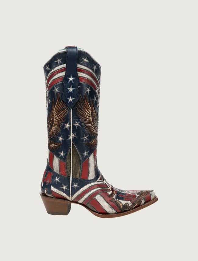 Cowboy boot with American flag design on a white background
